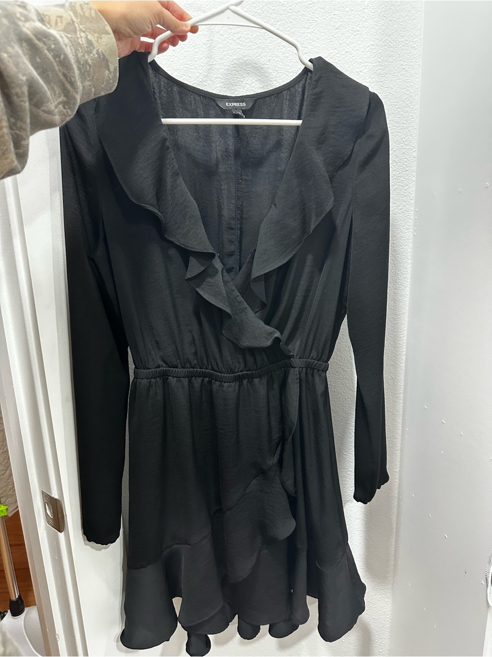Express Black Ruffle Satin Long Sleeve Mini Dress